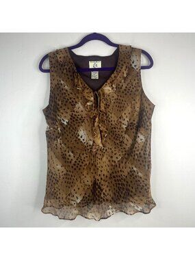 Vintage Y2K ICE Top Womens Large Silk Babydoll Fairy Ruffle Animal Print Brown